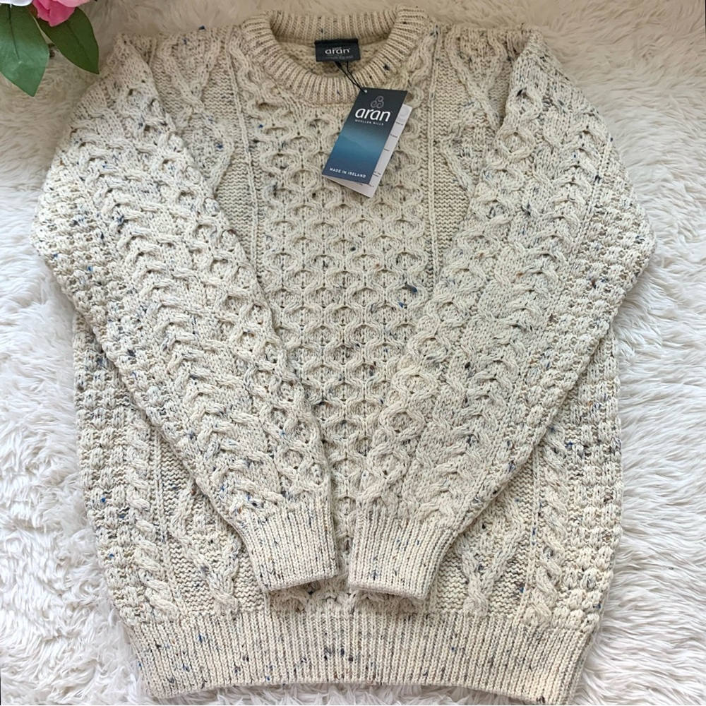 NEW Aran Fisherman Irish Wool Honeycomb Cable Knit Sweater Oatmeal Speckle NWT